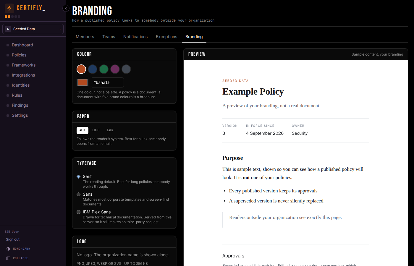 The branding settings page: colour presets and a hex field, a paper selector, three typeface options, a logo uploader and a footer note, beside a live preview of a published policy.